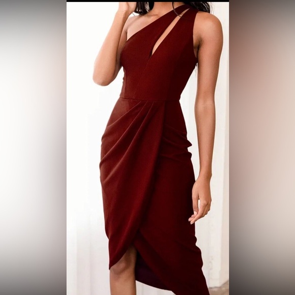 So Flirty Burgundy One-Shoulder Cutout Asymmetrical Dress - Picture 2 of 7